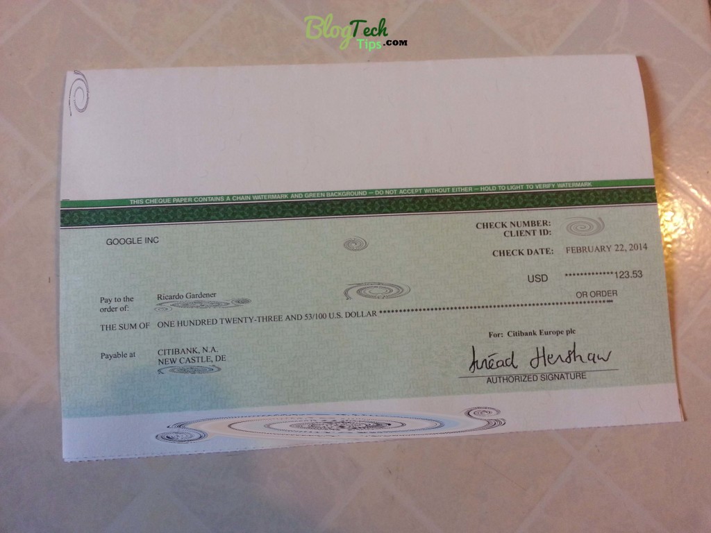 My First Adsense Cheque for $123.53.