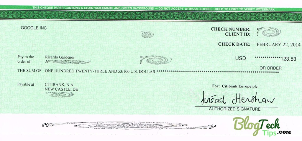 My First Adsense Cheque for $123.53.