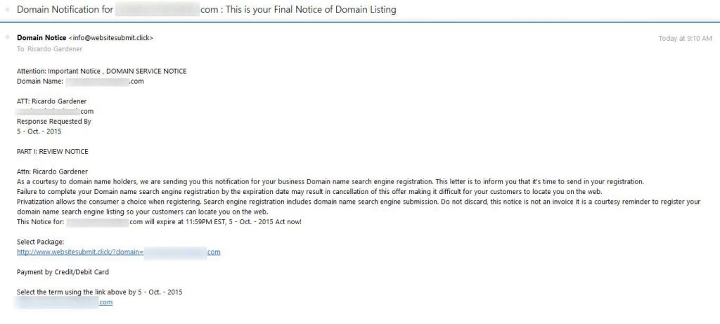 domain service notice scam 