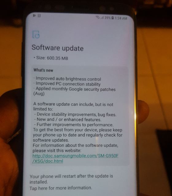 Galaxy S8 August Software update or security Patch changes